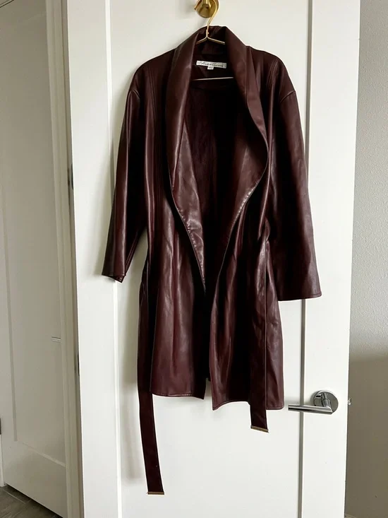 Kenneth Cole Vegan Leather Belted Trench Coat Brown Luxe Minimalist Jacket Sz L - Picture 6 of 15